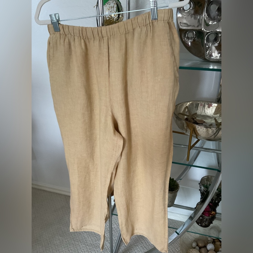 Flax Soft Golden color Linen Elastic Waist Pants side pockets